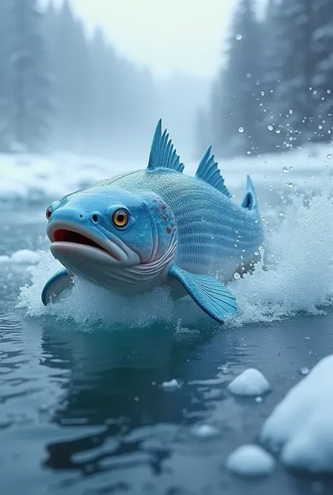 Create a majestic hybrid creature with the body of an ice dragon and the streamlined form of a trout. The ice dragons frosty scales and the trouts sleek shape create an agile combination. The environment should be a frozen river with icy waters, emitting c...