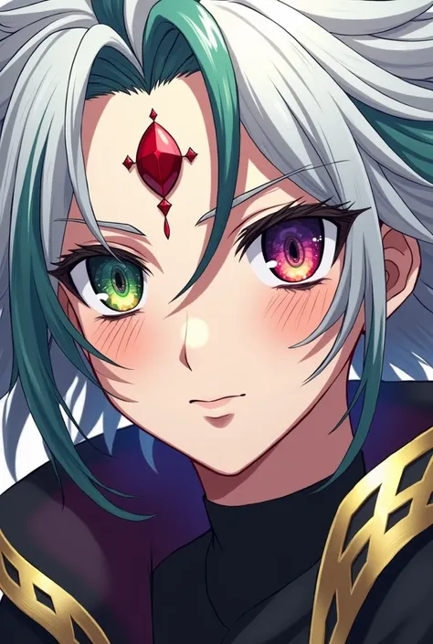 a boy that looks around  with white hair and streaks of green, silverish blue, and sunset red in it.

His left  eye with a mix of bright blue, imperial purple and bright royal gold with the purple starting from the iris and gradually shifting into blue the...