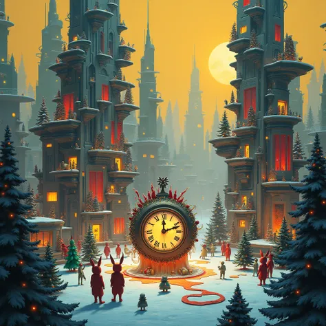 In a futuristic city, a group of anthropomorphic figures gather around a melting clock in an unexpected display of lights and details. Starting from above, the world comes alive with twinkling lights, while the trees in the midst of the night shift and the...