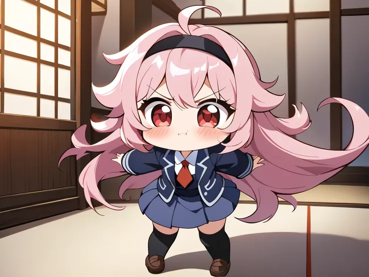 a cute angry girl, blush, puff up ones cheeks, standing, cute, round eyes, pretty, red necktie, brown shoes, small girl, indigo school uniform jacket, white school uniform shirt, floating hair, indigo school uniform skirt, very messy hair, ahoge, pink hair...