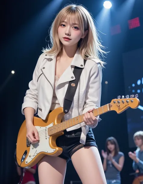 ((white leather biker jacket)), ((Horizontal droopy eyes)),  the hair swaying in the wind 、(( wears colorful lace panties)), ((Sing passionately on stage)), ((While playing the guitar)), The audience cheered.、Stage lights flashing, masterpiece,  best quali...