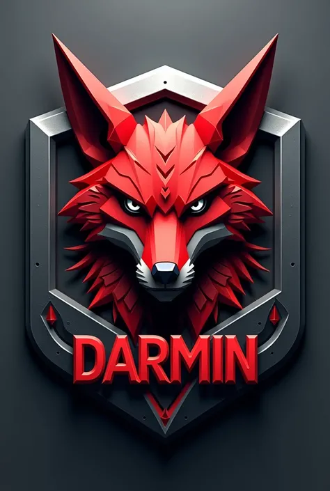 Design a 3D logo featuring a red Fox with sharp, bold edges and tribal-like details. The Fox has intense, piercing eyes and is surrounded by elements symbolizing energy and power. The background is metallic gray with a modern shield shape. Include the name...