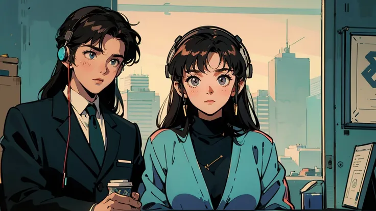 Best Quality, 8k, 1990s Style, 2010s Hairstyle ,one person, Very beautiful 21 year old girl ,  Black Hair ,Droopy eyes, Long Hair, Big Breasts, ((Wear big headphones)),  characters  I cant control my light brown eyes,  staring at me, formal suit, office la...