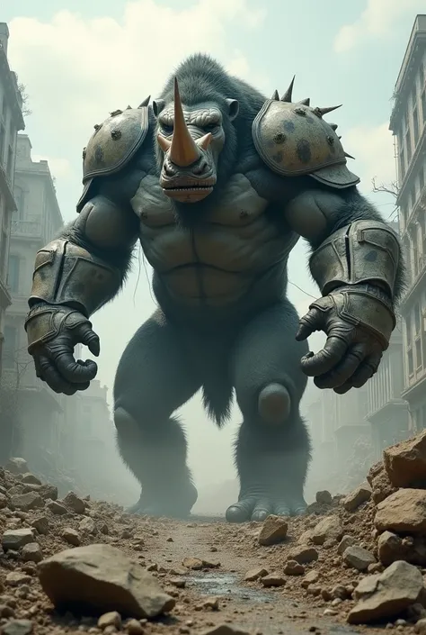 A colossal hybrid animal with the powerful muscular body of a gorilla, but with a rhinoceros head, complete with a massive horn and armored skin. Its arms are covered in jagged armor plates, and it has a club-like tail that drags along the ground. The crea...