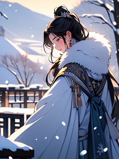 (best quality), ((masterpiece)), (highres), illustration, original, extremely detailed, licg, snow, snowman, 1girl, 1boy, chinese clothes, black hair, outdoors, long hair, winter, long sleeves, fur trim, hanfu, snowing, ponytail, jewelry, ribbon, looking d...