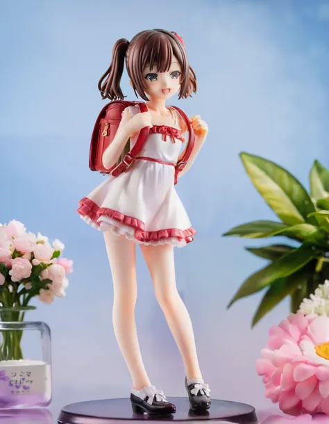 ((cute dress)) (party dress) (brown hair) (black eyes) happy and confident expression. full body,  short hair, twintail, short girl, long straight hair, thin legs, (happy, smile, cheerful), wearing randoseru backpack, red backpack, standing, fullbody, nend...