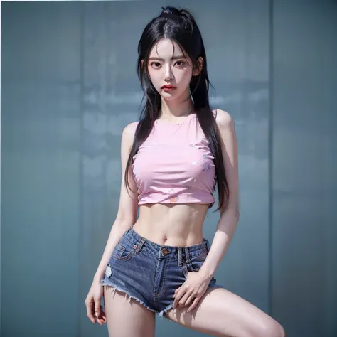  women, white, pink ,  with glazed tile skin , fine eyes , Beautiful Thai star , Big Breasts,  has a chest size of 36 inches , She wore a pink round top with a graphic print. "Hello" Buriram" Bright colors, , strong abdominal muscles ,  and silver blue jea...