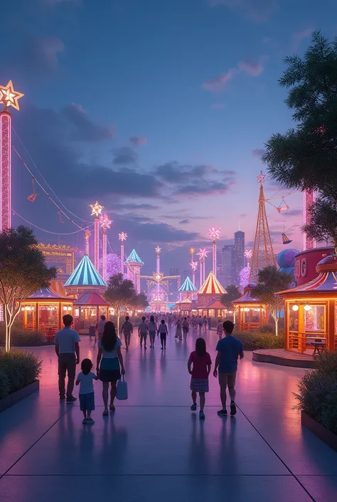 Evening amusement park, modern Korea, fewer people, more spacious, lots of playground equipment