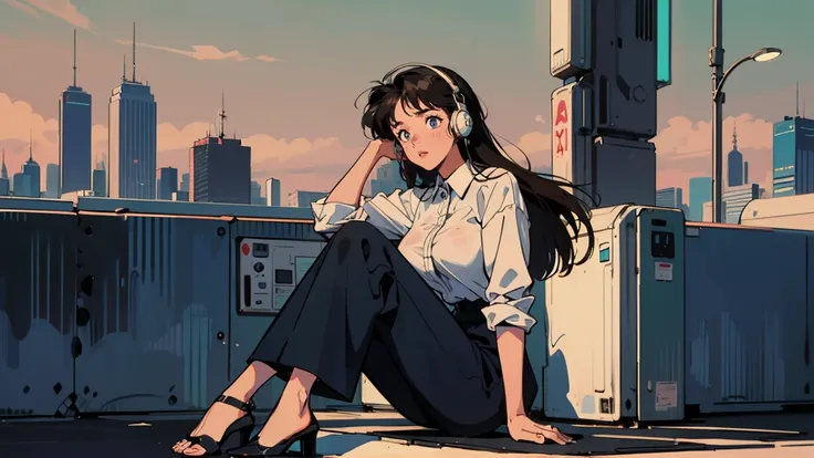 Best Quality, 8k, 1990s Style, 2010s Hairstyle , Very beautiful 21 year old girl ,  Black Hair ,Droopy eyes, Long Hair, Big Breasts, ((Wear big headphones)),  characters  I cant control my light brown eyes,  staring at me, Melancholic gaze, blush, formal s...