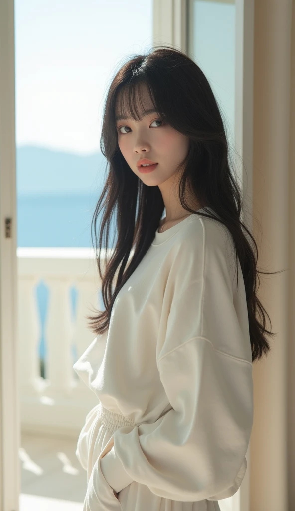 Create an image,  focus and silhouette of a young woman ,  white skin , long black silky hair with bangs.  images like ,  Did you wear long white pants,barefoot.   she is in her bedroom in a Greek mansion with a sun-drenched balcony、Wearing a loose white s...