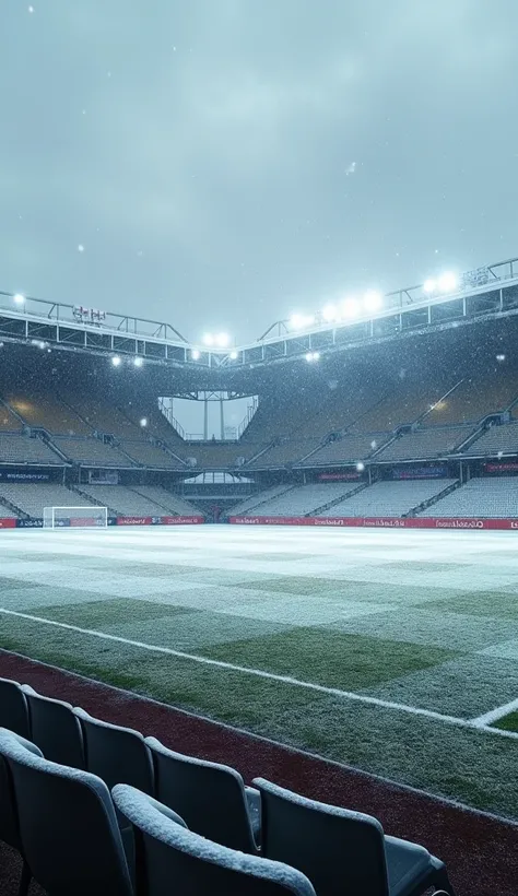 A football stadium with light snowfall, showing snowflakes gently falling onto the field and stands. The grass on the field is still visible with a thin dusting of snow, and the stadium is lit with bright floodlights. The atmosphere is peaceful, with a mix...