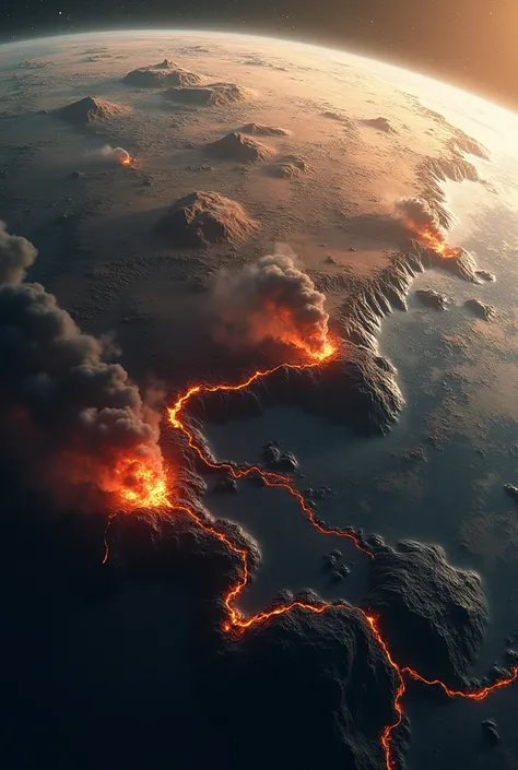 create an image of the continent Pangea in ancient earth (Permian-Triassic) seen from space and destroyed by a sequence of volcanic eruptions; 