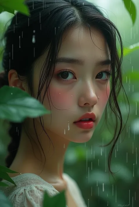 The girl&#39;s face,  crisp arophile against the background of nature, it&#39;s raining, drops on her face 