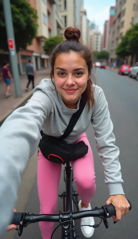 Her name is Hana  ,   high quality   , (( mulher de 27 years old de pele branca em forma )), ((27 years old)),(( fingernails done ,  black nail polish ) (( medium breasts)), (( riding a bike on the street )),   brown hair tied . pose: on a bicycle, clothes...