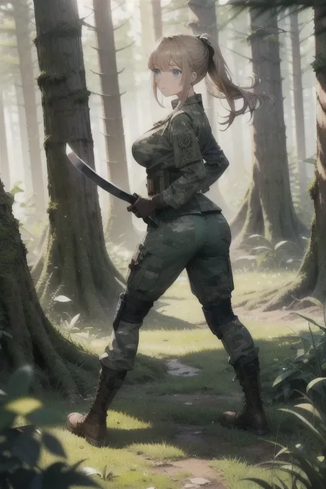 1 woman, beautiful,  full body  ,   wearing an army camouflage uniform , dirty military uniform  , forest, camp,   multiple scars on your face   ,
brown gloves,  Big breasts  , big buttocks,  Blue Eyes,  clear eyes,brilliance,,  Misaligned Hair,   ponytail...