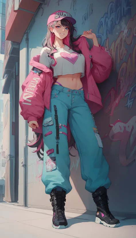 AA stylish anime-style teenage girl with a confident and urban streetwear aesthetic, wearing oversized boots as part of her outfit. She has long flowing hair with vibrant highlights, a baggy hoodie layered with a cropped jacket, and loose-fitting cargo pan...