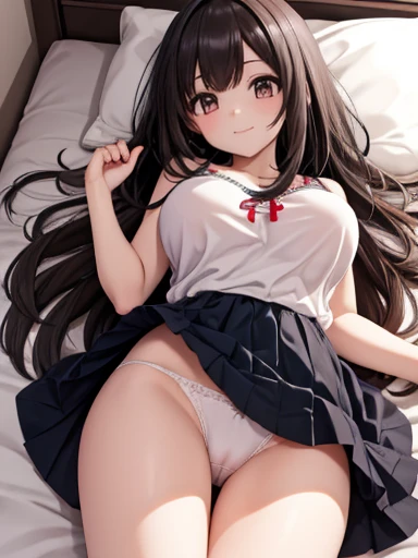  girl, cute,  nice, Chest to head, smile,   straight hair,  long hair,  black hair,  Brown Eyes , bedroom, morning, sunny,  from below,  looking down at us ,  camisole that feels around the crotch,  is staring at the camera,  slouching forward, Peeking、 bl...