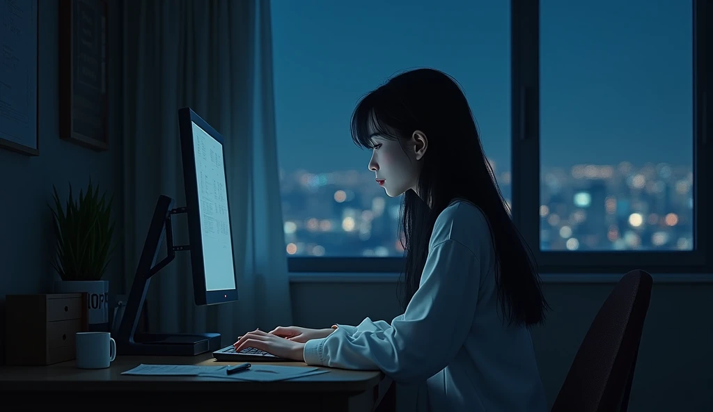 beautiful korean girl sitting on her desk in the apartment for late night study session and sudden power outage plunge the room in darkness 