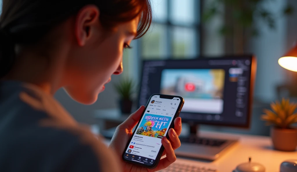 "An engaging scene showcasing a person holding a smartphone, designing an eye-catching YouTube thumbnail. The screen displays a colorful thumbnail editor interface with bold text and vibrant visuals. In the background, a low view count on a YouTube analyti...