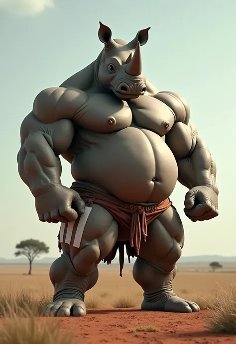  This image depicts a human-like character, Specifically,This character appears to be a humanoid rhinoceros , The character is standing in a body-like posture,Flexing muscles。 wearing bodybuilding pants,There are white stripes on the sides, No shoes,  fat ...