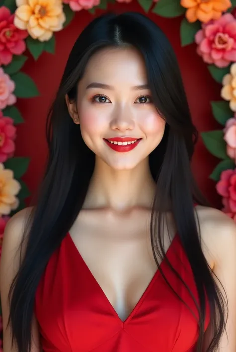 A hyperrealistic photography image of real beautiful smiling half body of Asian woman,chubby, red kissable lips, smiled, soft white skin, beautiful,dark and attractive eyes, long straight shiny black hair, wearing red sleveless dress in front view, beautif...