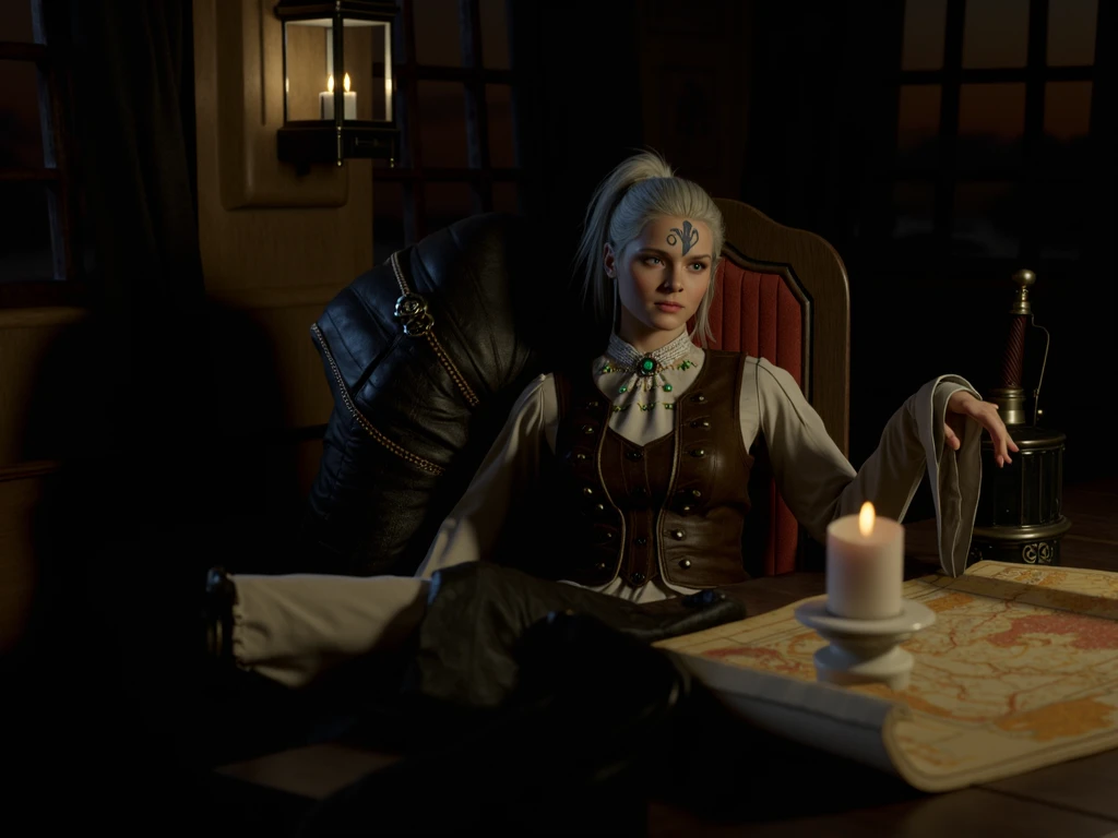 Character: A young woman, a seasoned ship captain, reclines in her cabin, her gaze distant as she contemplates a map spread across the table.
Appearance:
Hair: Long, straight, silvery-white hair neatly pulled back into a high ponytail. The fading daylight ...