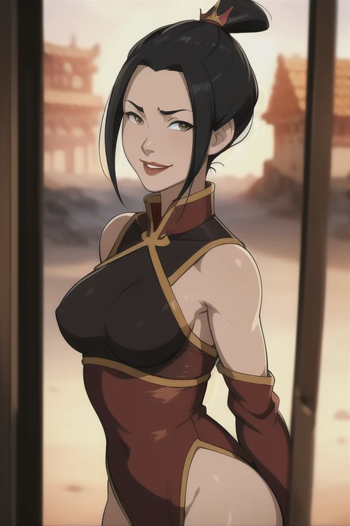  (anime), cartoon, detailed, azula, 1girl, solo, short hair, black hair, hair ornament, ponytail,  brown eyes,  lipstick,  red lips, no clothes, breasts out, mature, art by greg rutkowski and artgerm, soft cinematic light, highly detailed, (depth of field:...