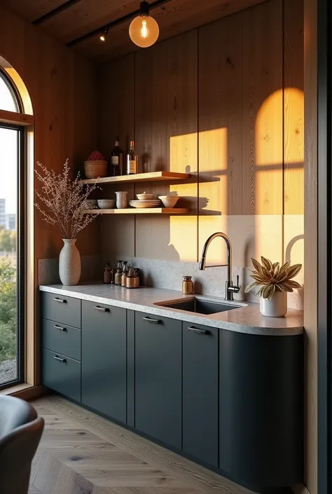 Morning view of small boho style kitchenette with low ceiling, solid surface countertop with dark theme cupboards, stainless steel handles, single bowl single drainer kitchen sink, WPC panel walls. 8k, High definition, Hollywood, modern architecture, cozy.