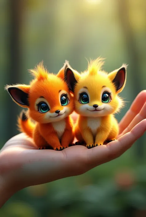 Two adorable, tiny, fantasy-style creatures with vibrant fur, sitting on a human hand. One creature has bright orange fur with black accents and a fluffy tail, while the other has golden-yellow fur with similar black accents. Both have large, expressive bl...