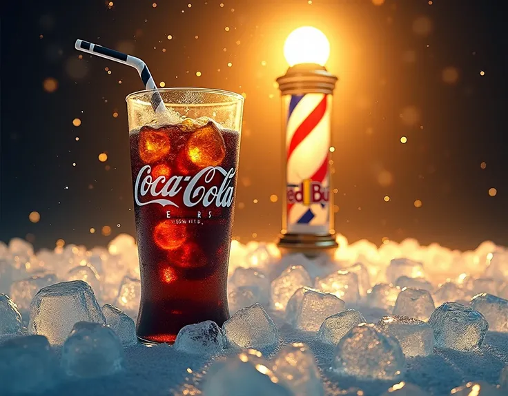  create a personalized beverage poster, As: coca cola, redbull,  place ice around and place a barber pole in the background, use As degradê as cores dourada e preta