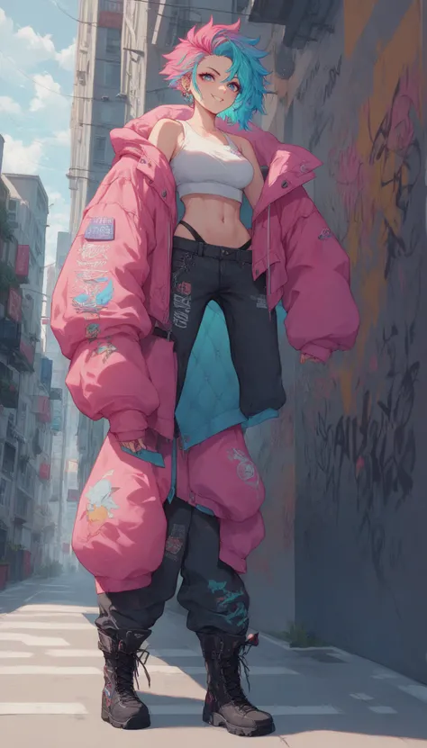 AA stylish anime-style teenage girl with a confident and urban streetwear aesthetic, wearing oversized boots as part of her outfit. She has long flowing hair with vibrant highlights, a baggy hoodie layered with a cropped jacket, and loose-fitting cargo pan...