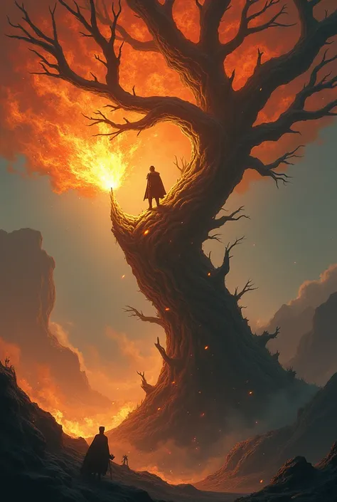 A resolute king climbing a blazing tree to retrieve a ghostly , amidst swirling winds and glowing embers.