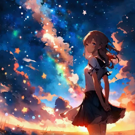 (masterpiece,  best quality),  staring at viewers ,  (( 1 girl)),Alone, Starry sky background,  floating colorful water,(2D:1.5)