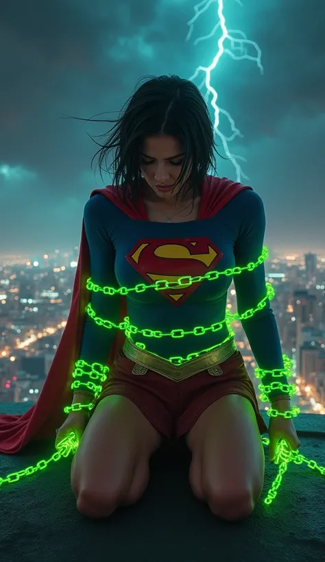 "Supergirl, with short black hair and American features, kneels in desperation on the rooftop of a towering skyscraper at night. Her iconic blue and red costume is torn and battered, with her tattered cape fluttering weakly in the wind. She is bound tightl...