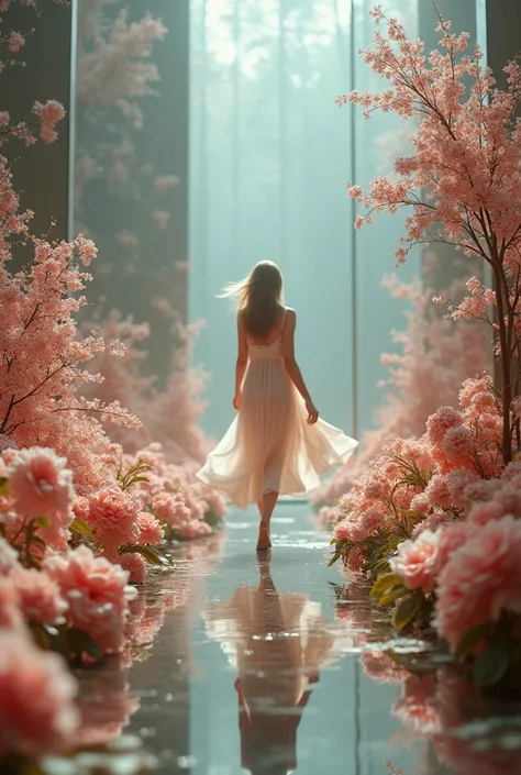 a blurry female model walking through a flower field, reflective mirror room, covered in blooming flowers, surreal and detailed composition, expansive scene, large standing mirror, intricate floral details, intricate petals, delicate flower arrangement, be...