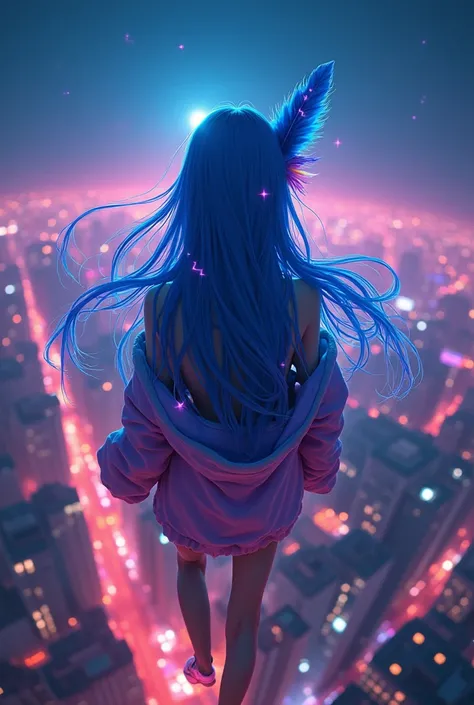 (masterpiece), best quality, ultra high res,, cyberpunk 1girl flying above stunning cityscape ,hoodie,blue hair,  neon color shooting stars, very long hair, off shoulder, feather hair ornament, neon colors, flashes, stunning night sky, cinematic lighting, ...