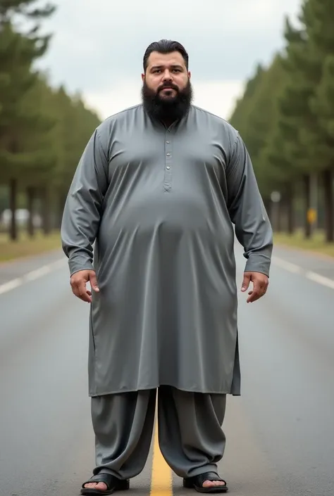  A fat muscular man wearing a gray shirt standing in the middle of the road , A dress wearing ,  wearing a kurta , Full body image ,  wearing a silk shirt , Handsome man,  Afghan male type , Full body image , A 50-year-old man ,   full body photo  , Kiza S...