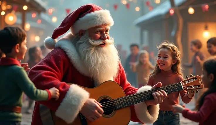 realistic Santa playing the guitar, small humans dancing around him