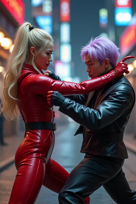 Kung Fu, uhd 8k beautiful Korean woman blonde pigtails ,  wearing shiny red tight suit and black rubber jacket wearing red gloves sharp claws wearing shoes hills ,  is fighting against young Korean guy light purple emo hair with action moves jumping kickin...