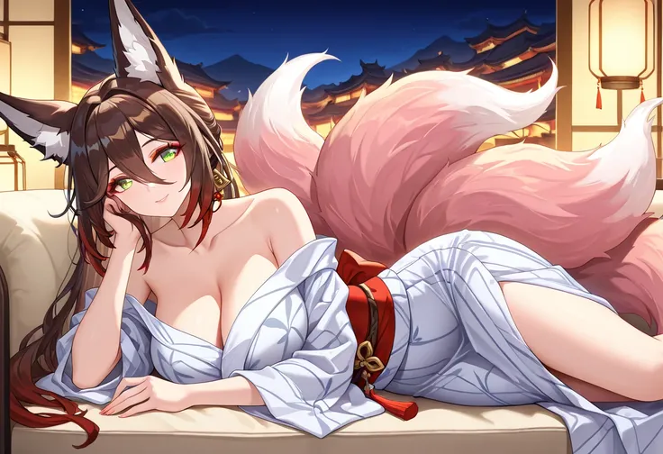 ultra-detailed,(best quality),((masterpiece)),(highres),original,extremely,tingyun, wife, attractive mature lady, milf, 1girl, animal ears, green eyes, tail, middle breasts, fox ears, brown hair, multicolored hair, looking at viewer, maternal smile, hair b...