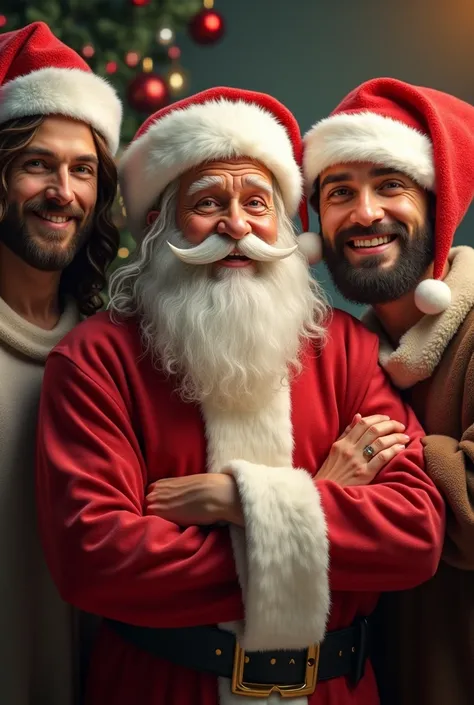 Draw a pair of ，HANDSOME JESUS AND JEHOVAH ALSO HAVE FAT SANTA CLAUS WEARING CHRISTMAS HATS， three people facing the camera ，Group photo with a smile。