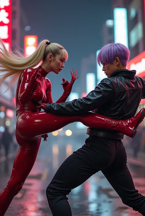 Kung Fu, uhd 8k beautiful Korean woman blonde pigtails ,  wearing shiny red tight suit and black rubber jacket wearing red gloves sharp claws wearing shoes hills ,  is fighting against young Korean guy light purple emo hair with action moves jumping kickin...