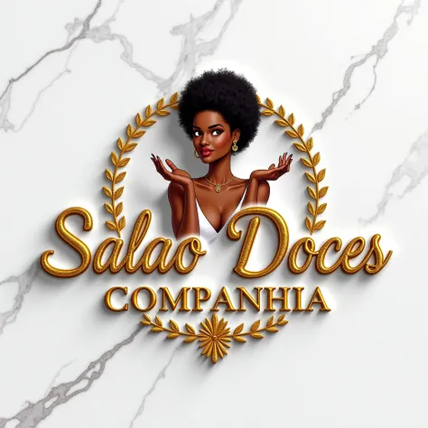 A 2D logo on a white granite wall featuring the name SALAO DOCES COMPANHIA in a textured cursive signature font, rendered in shiny glass-like gold. Above the name, there is an illustration of a WOMAN Afroamerican mostrando as suas unhas. Surrounding the il...