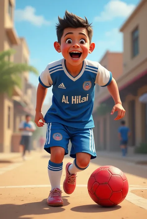 A  boy wearing a Al Hilal shirt and playing a red ball 