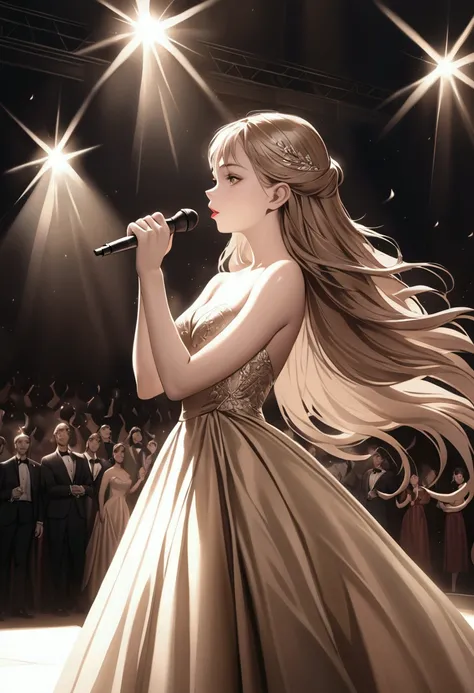 elegant beautiful woman, 1girl, long flowing hair, singing, performing on stage, musical notes, glamorous dress, spotlight, dramatic lighting, cinematic composition, intricate details, photorealistic, 8k, hyperrealistic, oil painting, dramatic lighting, wa...