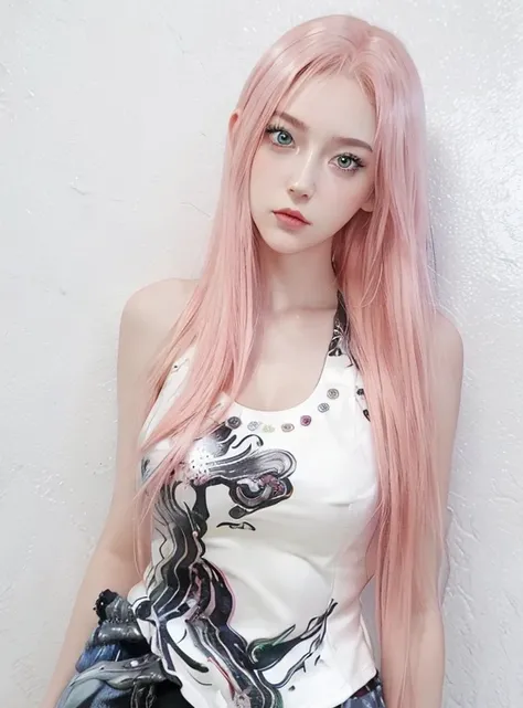 young woman, short shoulder-length pink hair, wide forehead, porcelain skin, pink eyebrows, big emerald green eyes, buttoned nose, full lips, heart-shaped face, slender body, small breasts, red tank top, Sakura Haruno , realistic, realism, details, 3d, wel...