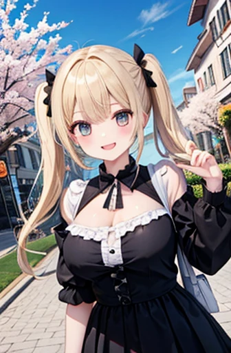 （Beautiful sister:1.3）、 happy face, spring vibe、 dress、Daytime、blond hair 、university student、Pigtails、holiday、Okabo Hair、 black hair long hair, big breasts