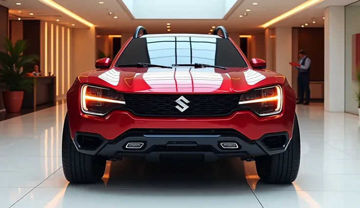 Straight front view of painted     (. boold red colors ) with shiny colour (Suzuki Jimny pickup)   sleek in large shape sedan in large size with (Suzuki) logo on its large detailed grille in shiny black clour with angular sporty design captured from (strai...