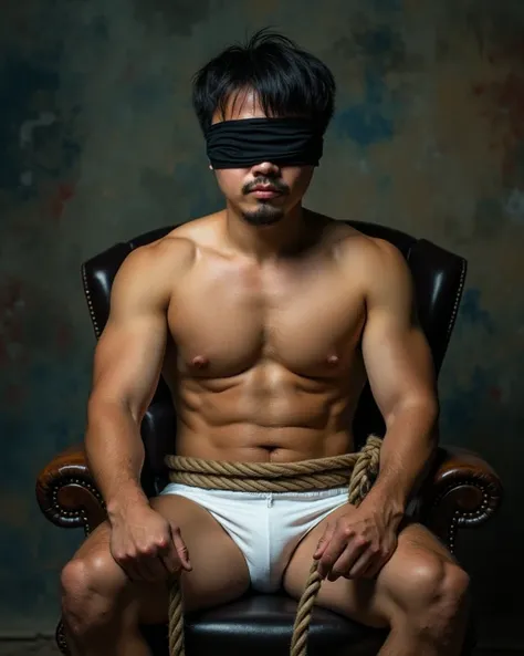 asian 25 year old muscular and chubby man shirtless tied to a chair, a portrait inspired by Joong Keun Lee, unsplash, shin hanga, tied with chair, blindfold, skinny male magician, wearing an white underwear, black blindfold, fantasy blindfold, muscular mag...