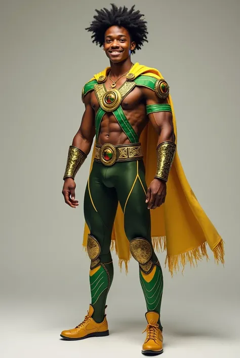 Handsome Jamaican Teen Male. Jamaican KARIBA National Costume inspired superhero outfit. Full body. Realistic. No cape